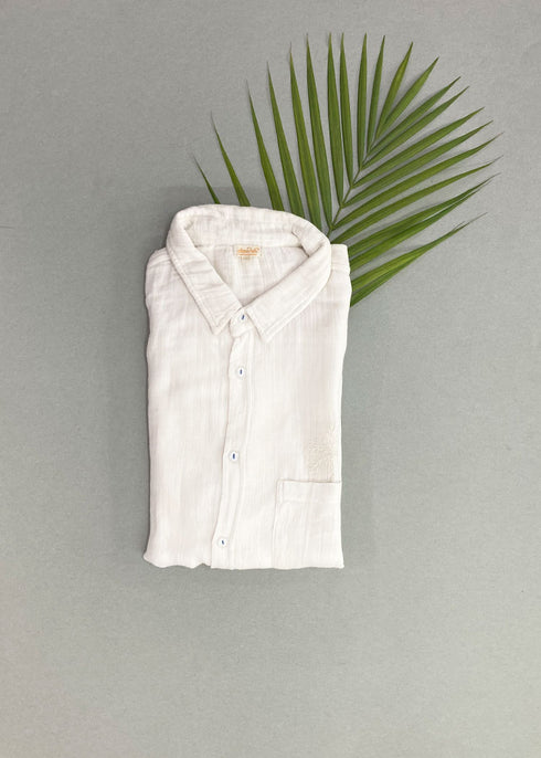 Mens White Cotton Shirt - Tree Emb